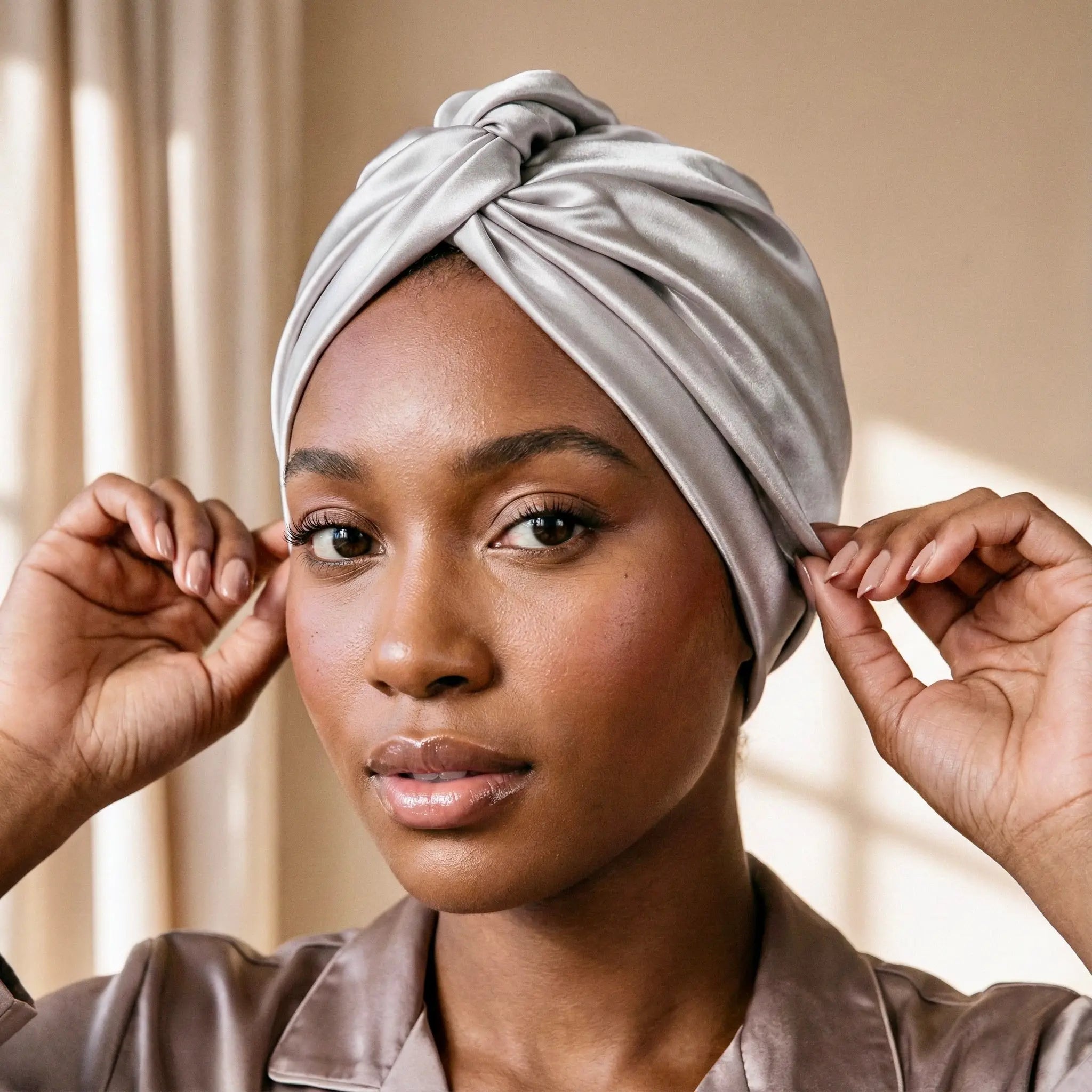 Bonnet de nuit en soie de mûrier argent gris anti frisottis cheveux bouclés et lisses