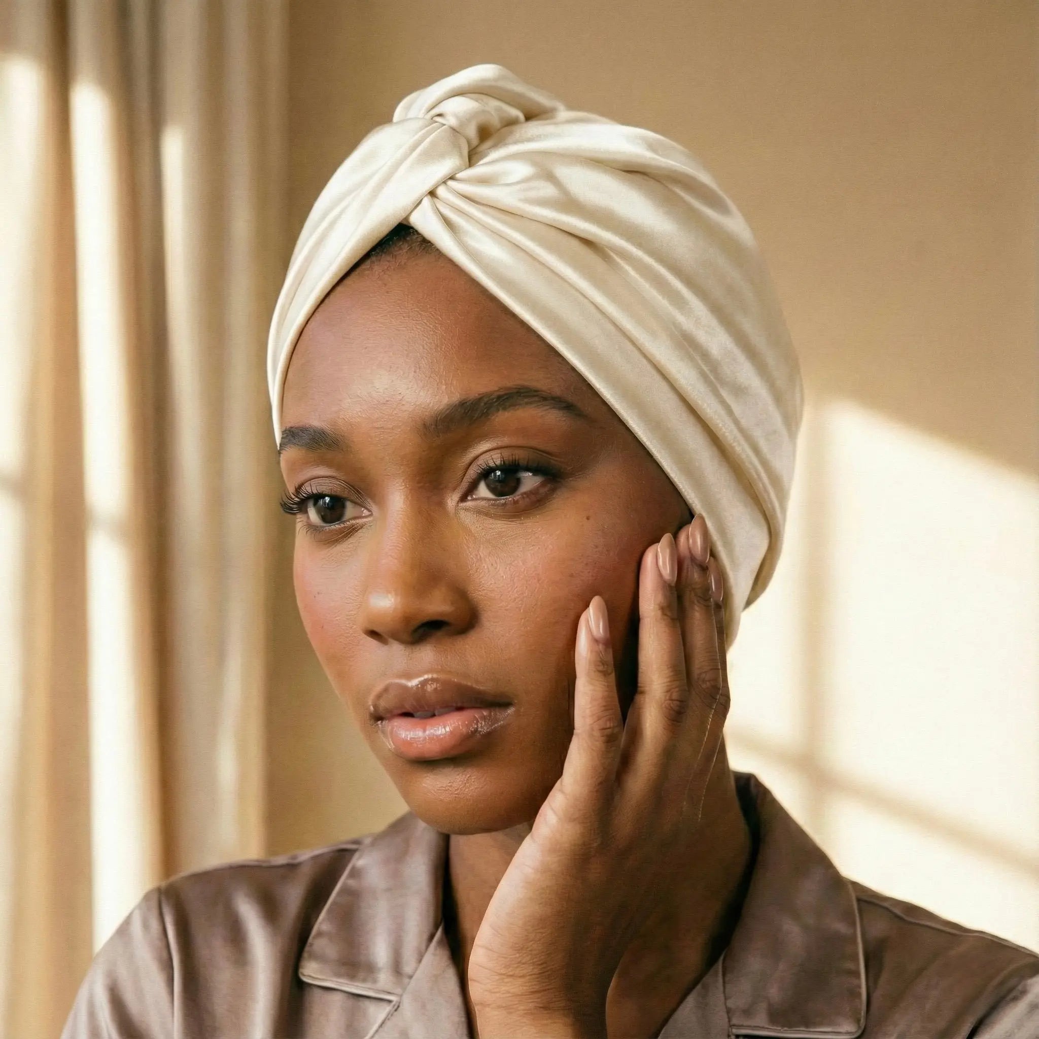 Bonnet en soie de mûrier beige champagne soin cheveux naturels et bouclés