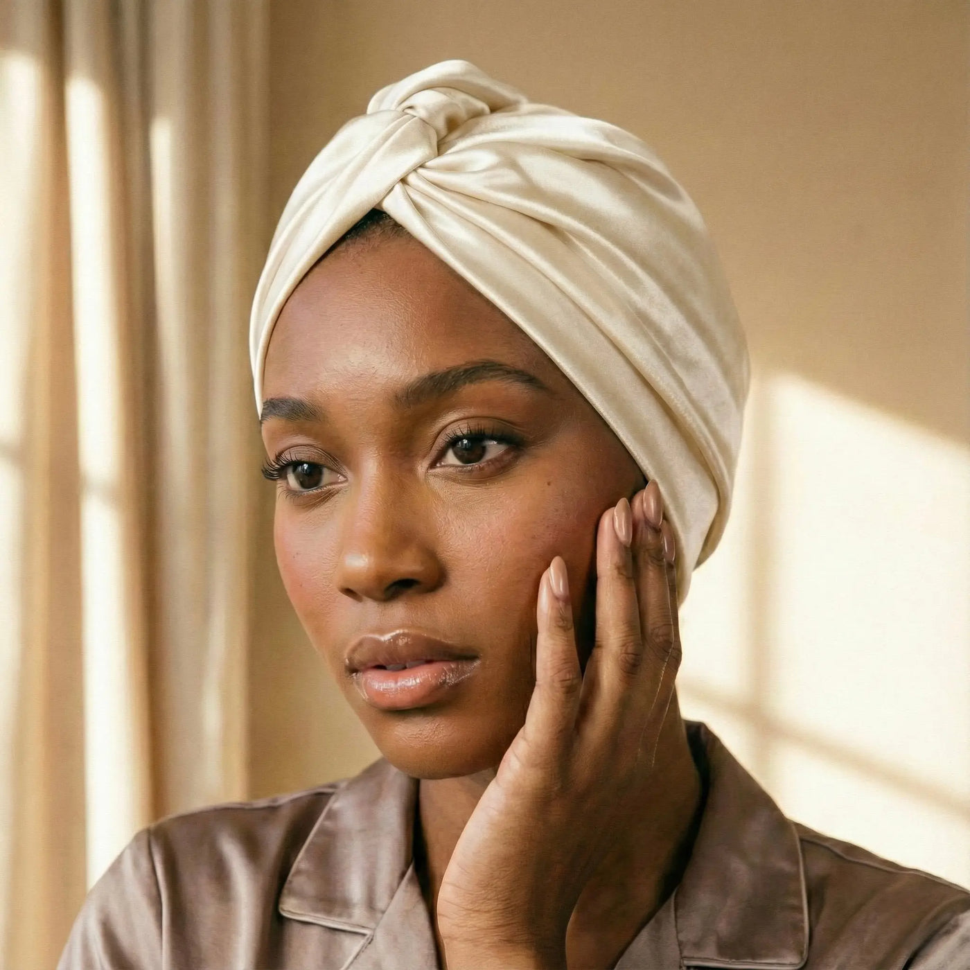 Bonnet en soie de mûrier beige champagne soin cheveux naturels et bouclés