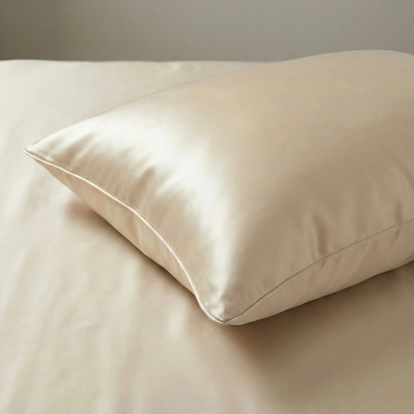 Taie d'oreiller en soie de mûrier couleur champagne beige doré lumineux soin visage